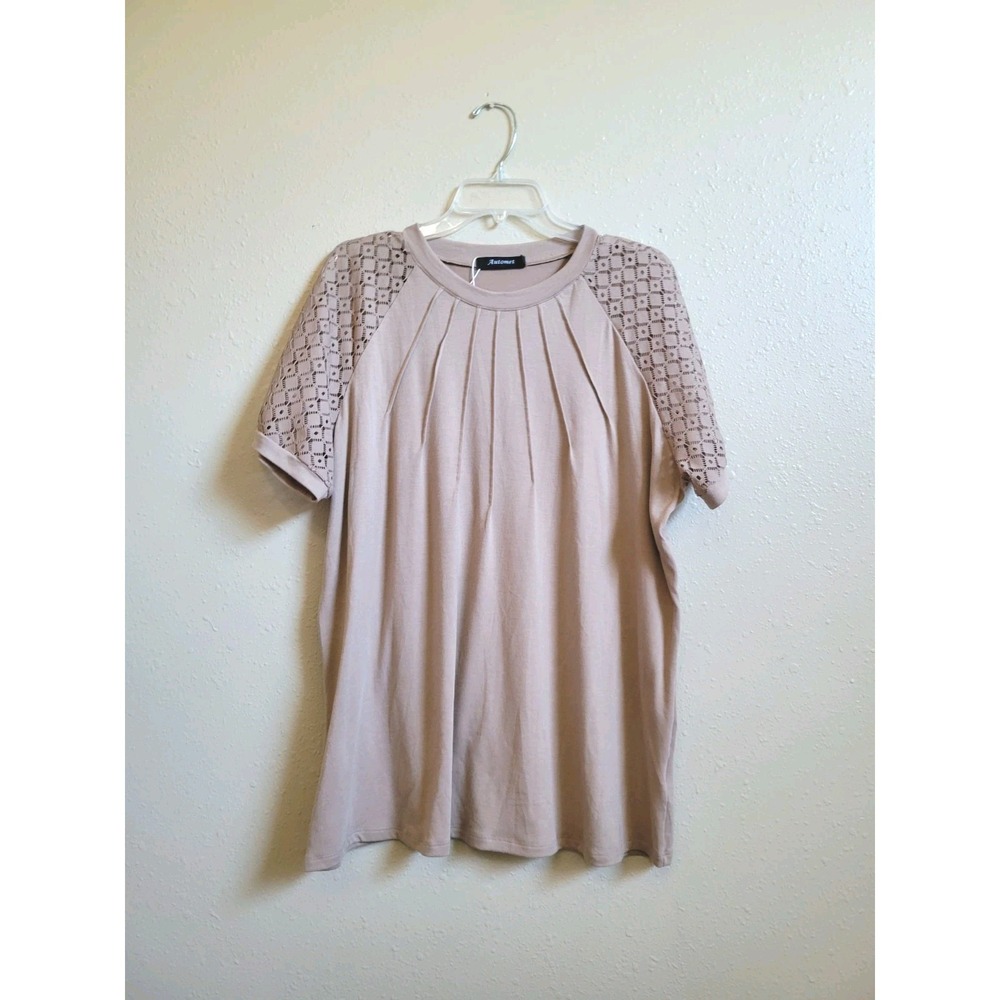 Automet Women's Short Sleeve Pleated‎ Eyelet Lace Top Casual Blouse Size 2XL
